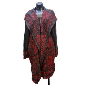 Urban Artisan Biya Hooded Cardigan Geometric Red & Grey Knit Sweater XL